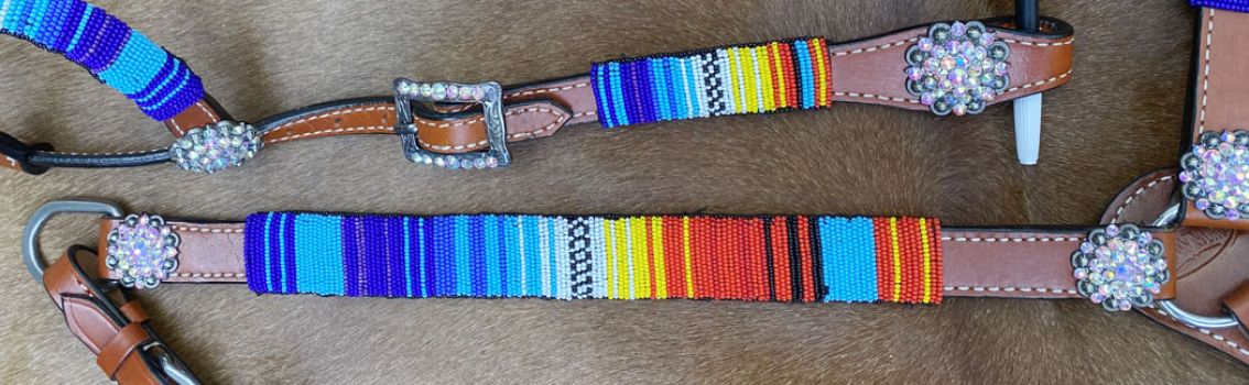 Showman 4pc. Red, Yellow and Blue beaded headstall and breast collar set with concho accents, comes with competition reins and matching wither strap #3